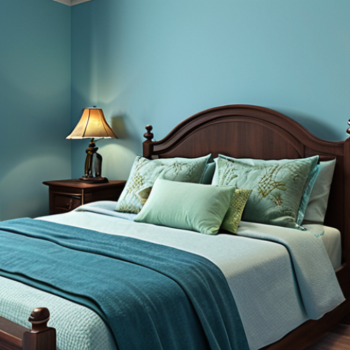 Home 4 **
A bedroom with light blue walls, furnished with dark-colored wooden furniture. The bed is adorned with blue and green decorative pillows and a soft blanket. Soft, natural light filters through sheer curtains. The overall mood is tranquil and inviting, emphasizing relaxation and sleep.
**
