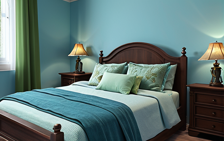 **
A bedroom with light blue walls, furnished with dark-colored wooden furniture. The bed is adorned with blue and green decorative pillows and a soft blanket. Soft, natural light filters through sheer curtains. The overall mood is tranquil and inviting, emphasizing relaxation and sleep.
**