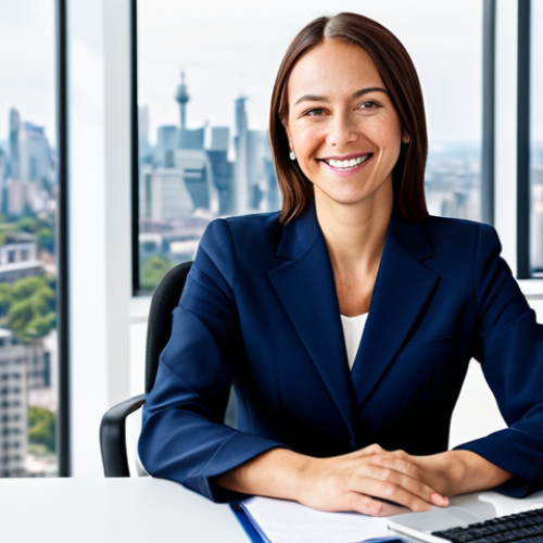 Home 6 **
A professional businesswoman, fully clothed in a modest navy blue business suit, seated at a clean desk in a modern, bright office with large windows overlooking a cityscape. She is smiling slightly and looking directly at the viewer. Safe for work, appropriate content, perfect anatomy, natural pose, proper finger count, well-formed hands, natural body proportions, high-quality professional photography.
**