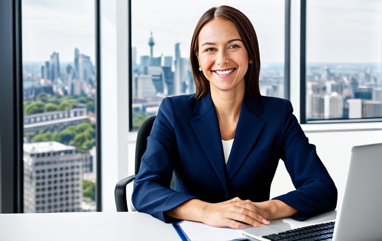 **
A professional businesswoman, fully clothed in a modest navy blue business suit, seated at a clean desk in a modern, bright office with large windows overlooking a cityscape. She is smiling slightly and looking directly at the viewer. Safe for work, appropriate content, perfect anatomy, natural pose, proper finger count, well-formed hands, natural body proportions, high-quality professional photography.
**