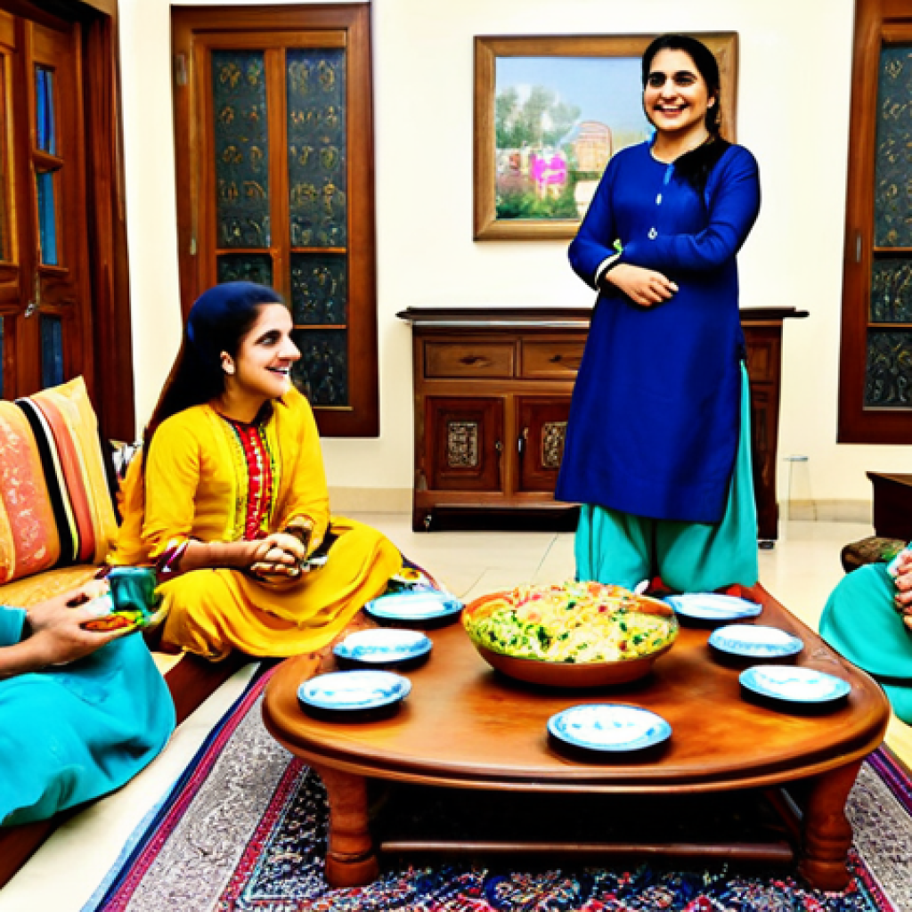 Colorful Home Gathering**
A family-friendly gathering in a brightly colored living room, Urdu style. The room is decorated with traditional patterns in vibrant blues, greens, and yellows. People are fully clothed in modest shalwar kameez, sharing tea and laughter. A dastarkhān is spread with colorful dishes of traditional Pakistani food. Safe for work, appropriate content, perfect anatomy, natural proportions, professional photography, high quality.
**