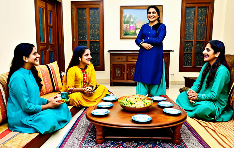 Colorful Home Gathering**
A family-friendly gathering in a brightly colored living room, Urdu style. The room is decorated with traditional patterns in vibrant blues, greens, and yellows. People are fully clothed in modest shalwar kameez, sharing tea and laughter. A dastarkhān is spread with colorful dishes of traditional Pakistani food. Safe for work, appropriate content, perfect anatomy, natural proportions, professional photography, high quality.
**