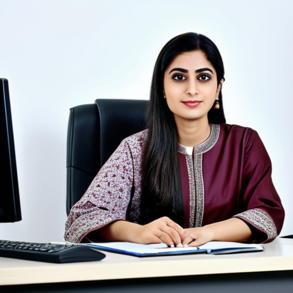 **
A professional Pakistani businesswoman in a modest shalwar kameez, sitting at a desk in a modern Karachi office, fully clothed, appropriate attire, safe for work, perfect anatomy, natural proportions, professional photography, high quality.
**