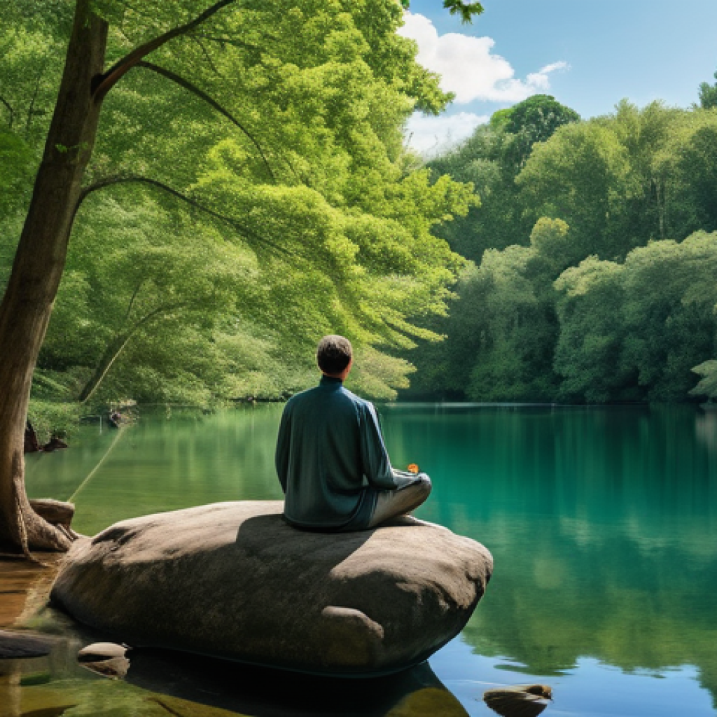 컬러테라피 활용한 정신 건강 증진 - **A Serene Lakeside Retreat for Mental Peace:**
A person, modestly dressed in comfortable, loose...
