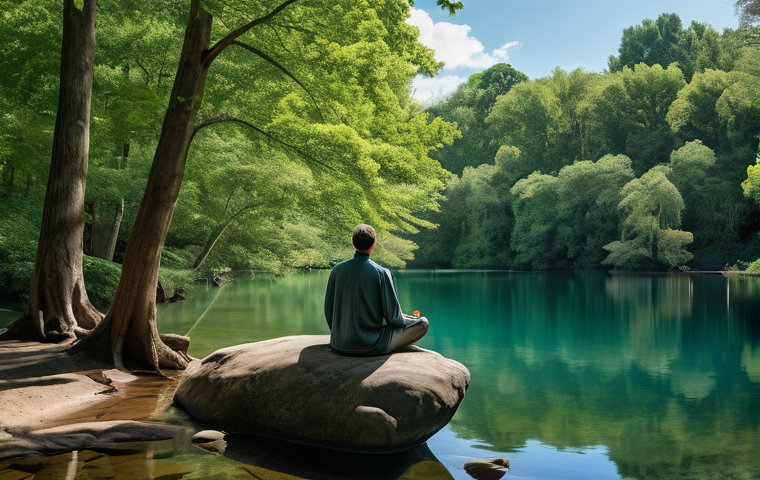 컬러테라피 활용한 정신 건강 증진 - **A Serene Lakeside Retreat for Mental Peace:**
A person, modestly dressed in comfortable, loose...