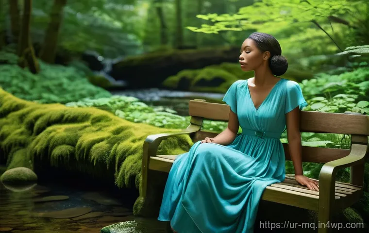 컬러테라피와 감정적 지지 - **Prompt 1: Serene Nature's Embrace**
A tranquil, fully clothed woman, in her late 20s, with a p...