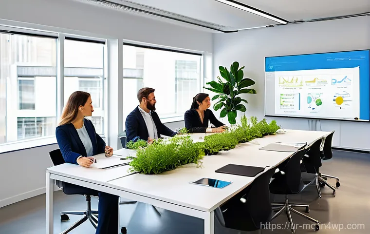컬러테라피 활용한 기업 팀 빌딩 전략 - **Vibrant Team Collaboration in a Modern Office:** A bright, modern open-plan office space bathed in...