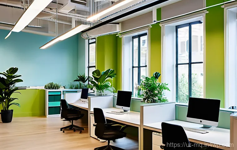 컬러테라피 활용한 기업 팀 빌딩 전략 - **Vibrant Team Collaboration in a Modern Office:** A bright, modern open-plan office space bathed in...
