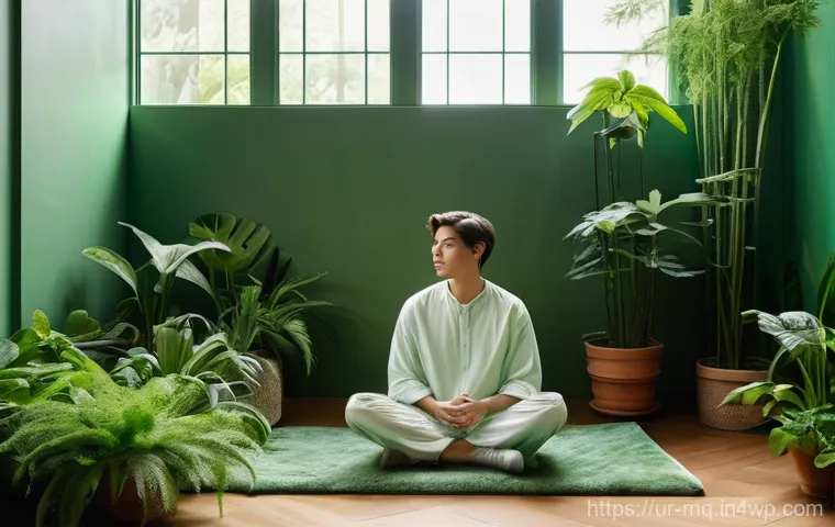 컬러테라피의 다양한 응용 분야 - **Prompt:** A serene and calming indoor garden space bathed in soft, natural sunlight. A young adult...