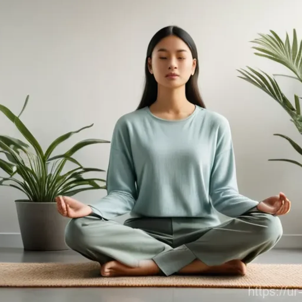 컬러테라피 활용한 창의적 문제 해결 - **Prompt:** A young woman, gracefully dressed in a modest, soft blue long-sleeved top and comfortabl...