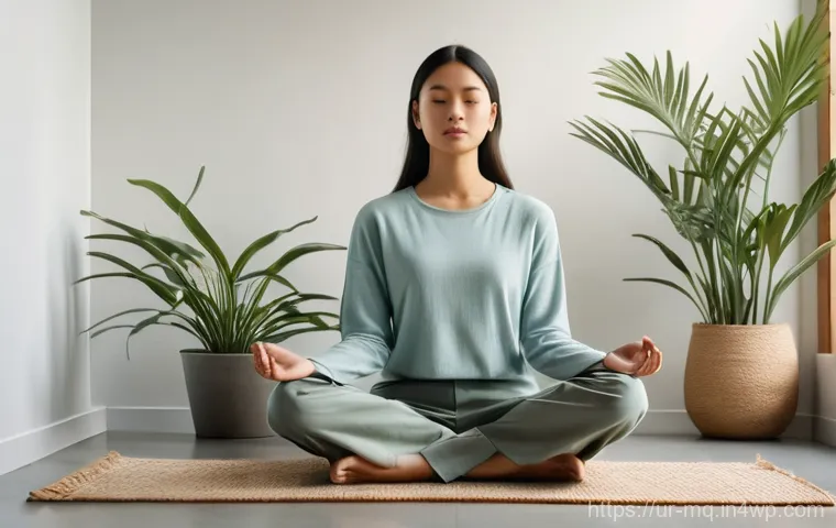 컬러테라피 활용한 창의적 문제 해결 - **Prompt:** A young woman, gracefully dressed in a modest, soft blue long-sleeved top and comfortabl...