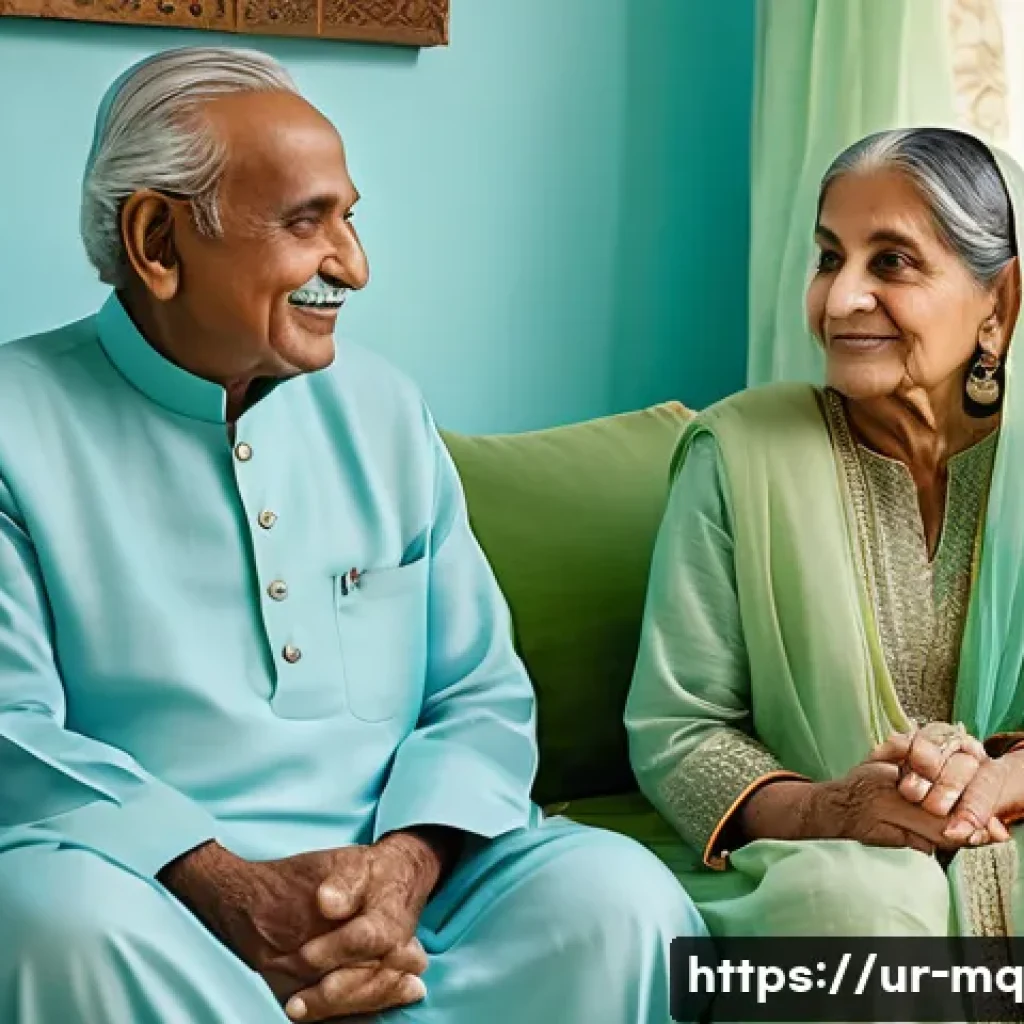 컬러테라피를 활용한 노인 우울증 치료 - A serene elderly Pakistani couple sitting comfortably in a traditionally decorated living room with ...