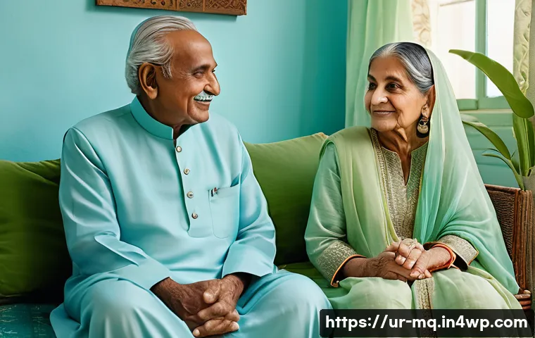 컬러테라피를 활용한 노인 우울증 치료 - A serene elderly Pakistani couple sitting comfortably in a traditionally decorated living room with ...