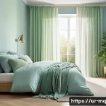 Home 22 컬러테라피와 긍정적 행동 촉진 방법 - A serene modern bedroom painted in soft blue and light green hues, with natural sunlight filtering t...