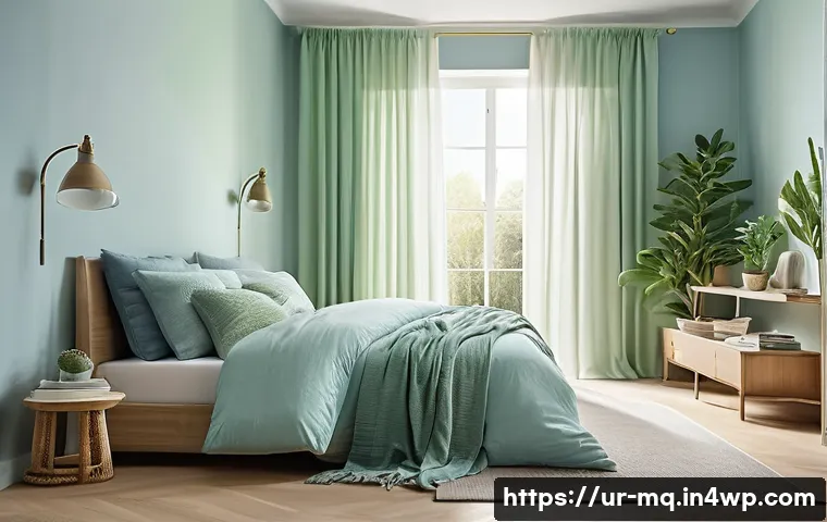 컬러테라피와 긍정적 행동 촉진 방법 - A serene modern bedroom painted in soft blue and light green hues, with natural sunlight filtering t...