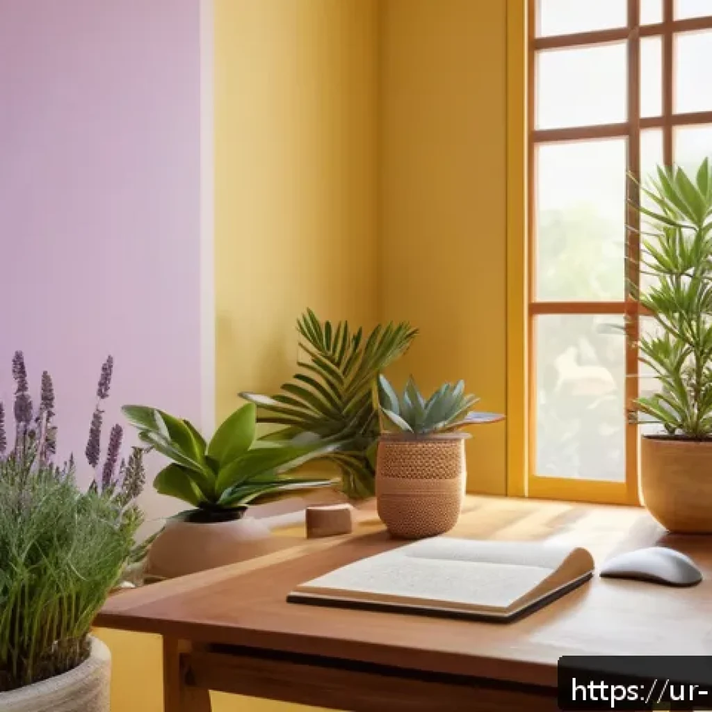 컬러테라피와 아로마테라피의 조화 - A serene study room bathed in soft yellow light with pastel yellow walls, featuring a cozy wooden de...