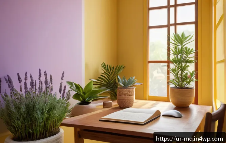 컬러테라피와 아로마테라피의 조화 - A serene study room bathed in soft yellow light with pastel yellow walls, featuring a cozy wooden de...