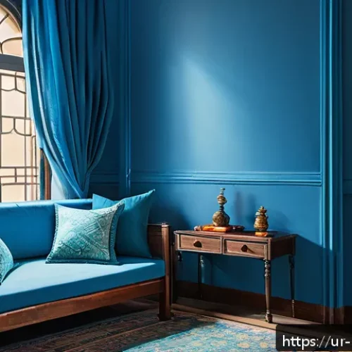 Home 31 컬러테라피의 색상 별 활용법 - A serene bedroom interior bathed in soft blue tones, featuring comfortable furniture and calming dec...