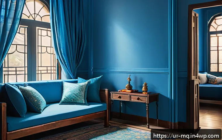 컬러테라피의 색상 별 활용법 - A serene bedroom interior bathed in soft blue tones, featuring comfortable furniture and calming dec...