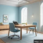 Home 18 컬러테라피 활용한 자기계발 서적 추천 - A serene modern office space designed for enhanced focus and mental calmness, featuring walls painte...