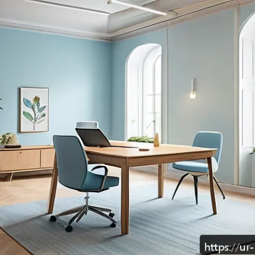 Home 30 컬러테라피 활용한 자기계발 서적 추천 - A serene modern office space designed for enhanced focus and mental calmness, featuring walls painte...