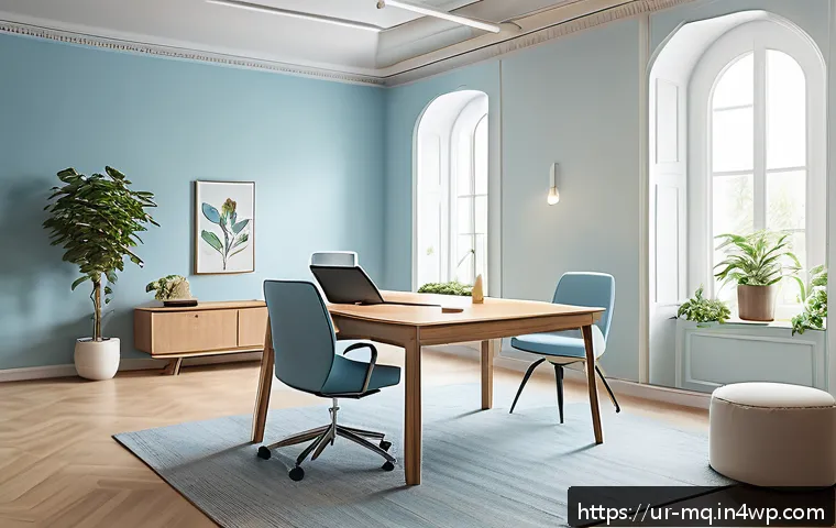 컬러테라피 활용한 자기계발 서적 추천 - A serene modern office space designed for enhanced focus and mental calmness, featuring walls painte...