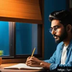 Home 23 컬러테라피의 진화와 미래 전망 - A serene home study room bathed in soft blue lighting, featuring a young adult wearing comfortable c...