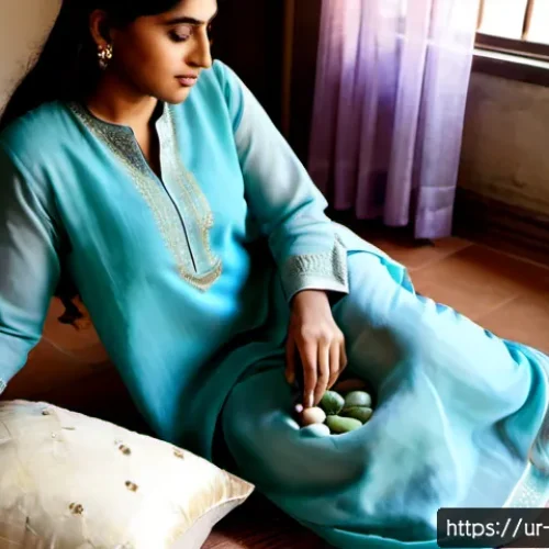 Home 17 컬러테라피 활용한 정신적 안정법 - Photorealistic serene Pakistani woman in modest pastel shalwar kameez and matching dupatta, seated c...